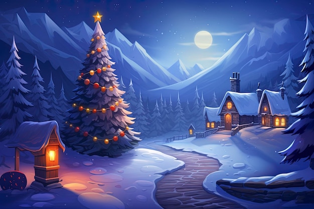 Regali con un albero di natale luminoso di notte nella neve nello stile dei giochi artistici 2d