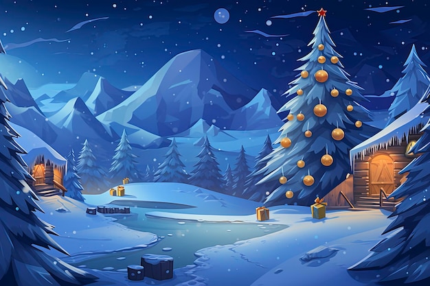 2D ゲーム アートのスタイルで、雪の中で夜に光るクリスマス ツリーをプレゼントします。