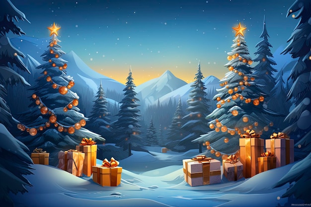 presents with glowing christmas tree at night in the snow in the style of 2d game art