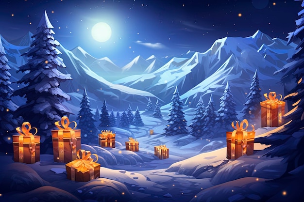 presents with glowing christmas tree at night in the snow in the style of 2d game art