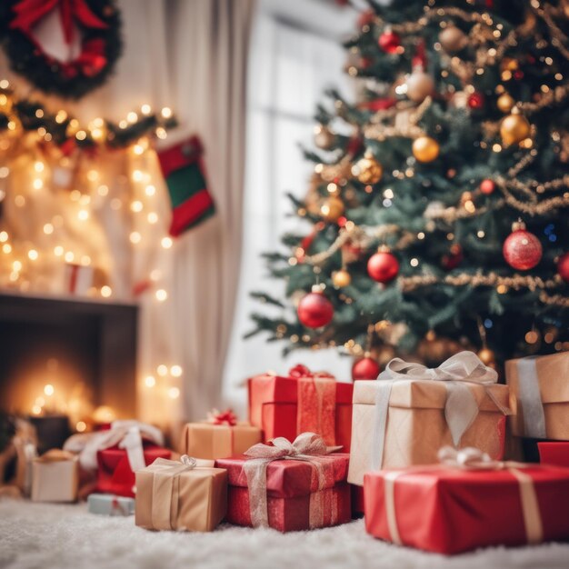 Presents and Wrapped Gifts boxes under Christmas Tree Winter Holiday Concept