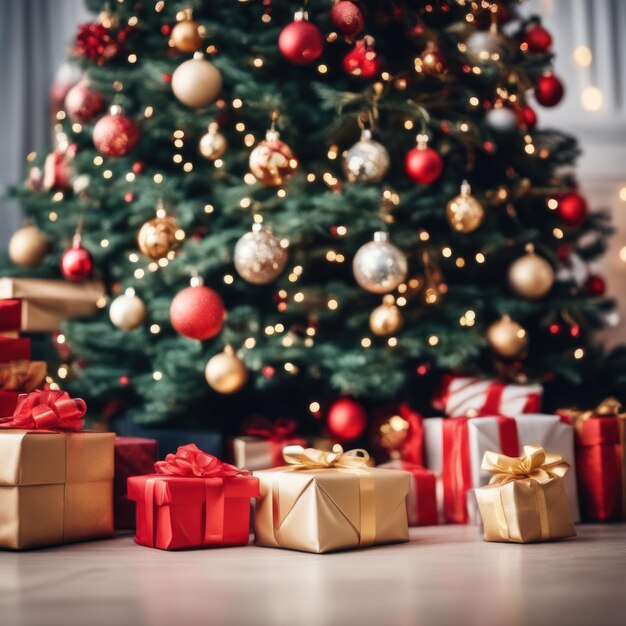 Presents and wrapped gifts boxes under christmas tree winter holiday concept