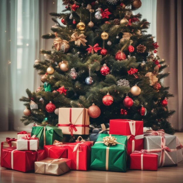 Коробки с подарками и упакованными подарками под концепцией зимних праздников рождественской елки