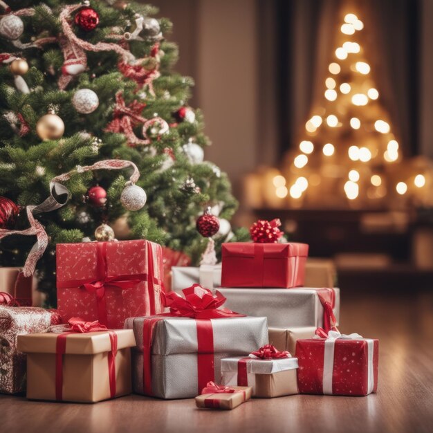 Presents and Wrapped Gifts boxes under Christmas Tree Winter Holiday Concept