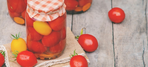 Preservation of homemade tomatoes. Food. Selective focus.