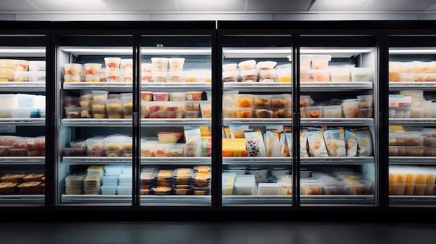 제품 신선성을 보존합니다. 슈퍼마켓의 냉장고 식료품 저장소 생성 AI
