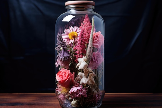 Photo preserved flowers in a glass jar