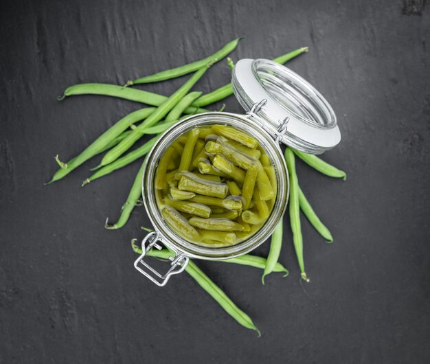 Preserved green beans selective focus closeup shot