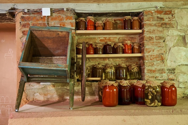 Preserved jars in the cellar Stocks for the winter