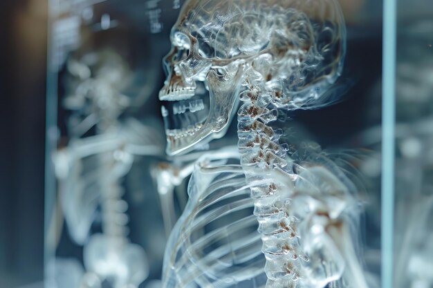 Photo a preserved skeleton of an animal is showcased in a glass case providing a detailed insight into its skeletal structure film showing 3d human abdominal xray ai generated