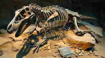 Photo the preserved skeleton of a young dinosaur its bones bearing the marks of scavenging by larger