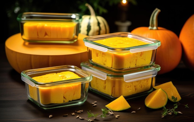 Preserved squash puree in glass jars on a dark table