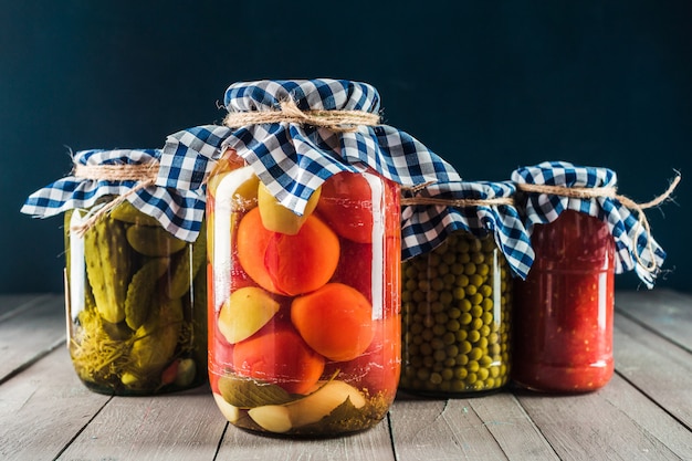 Preserved vegetables on wooden 