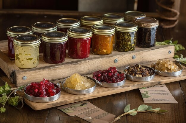 Preserves presentation with jars and labels on rustic wooden table created with generative ai