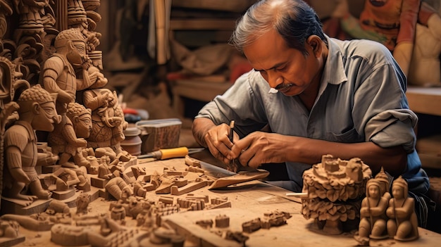 Preserving Hindu Culture through Wood Sculpture A Person Working on a Detailed Carving of a Deity