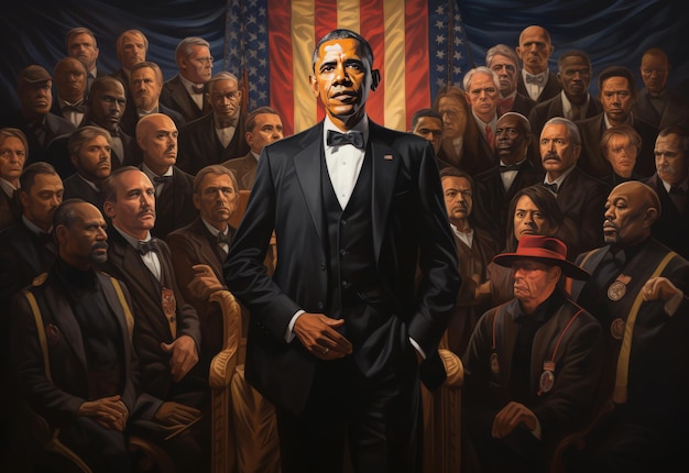 President Obama Painting in Front of a Crowd of Men