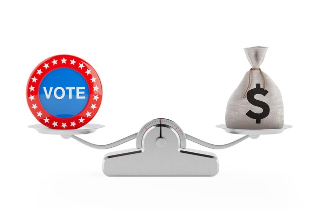 Presidental Election 2024 Round Patriotic Vote Button Badge with Stars and Money Bag with Dollars Sign on a Simple Weighting Scale 3d Rendering