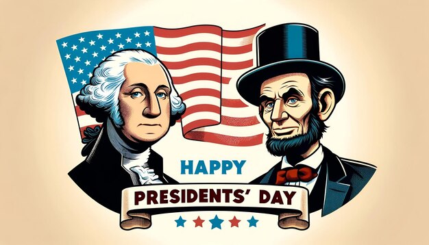 Photo presidents day card in cartoon style with abraham lincoln and george washington