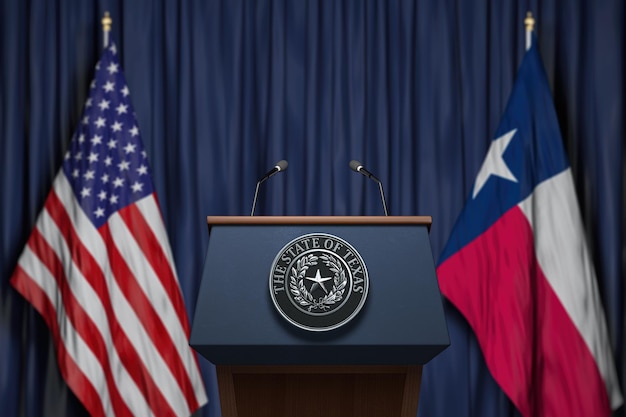 Photo press conference of governor of the state of texas concept big seal of the state of texas on the tribune with flag of usa and texas state