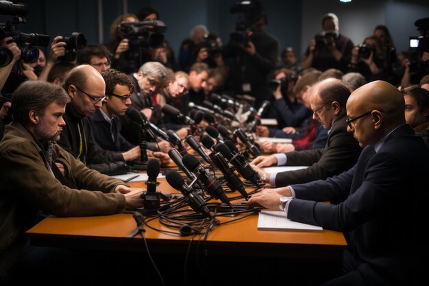 Premium Photo | Press conference with microphones and journalists eager