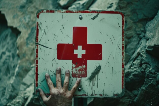 Pressing hand on First Aid sign for assistance