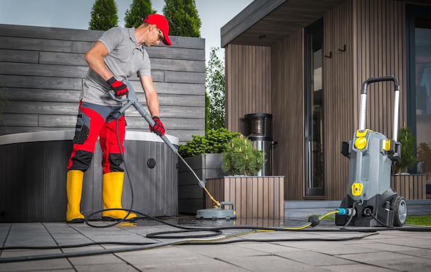 Pressure Washing Concrete Bricks Patio Using Surface Attachment