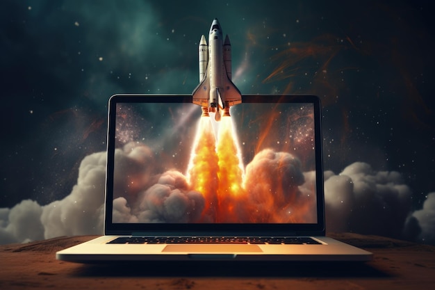 Prestaties stimuleren Laptopscherm Lancering Space Rocket Speed Up en Repair Concept