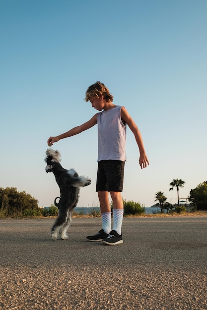 Preteen child in activewear giving treat to Miniature Schnauzer while standing on asphalt road against cloudless blue sky in summer