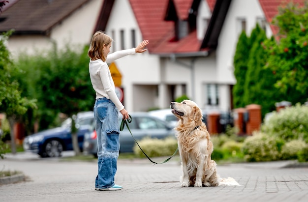 純血種のペットと街の通りでかわいい子子供を歩くゴールデンレトリバー犬を教えるプレティーンの女の子