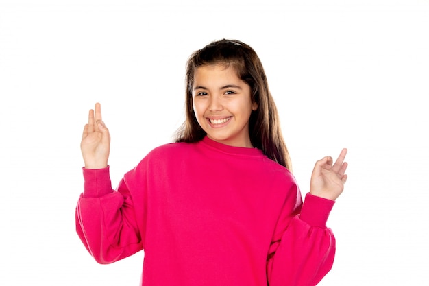 Preteen girl with pink sweatshirt