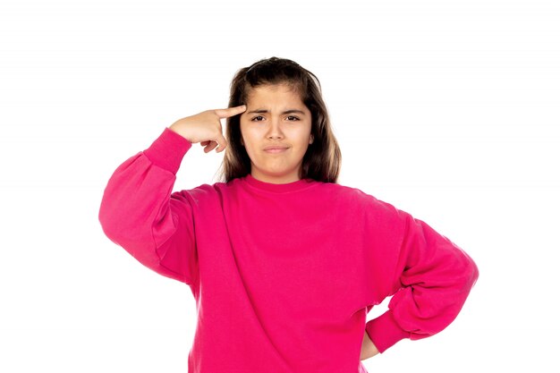 Preteen girl with pink sweatshirt