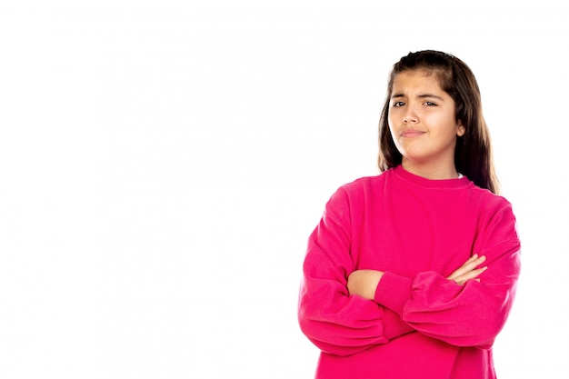 Preteen girl with pink sweatshirt