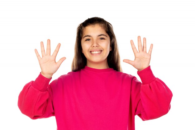 Photo preteen girl with pink sweatshirt