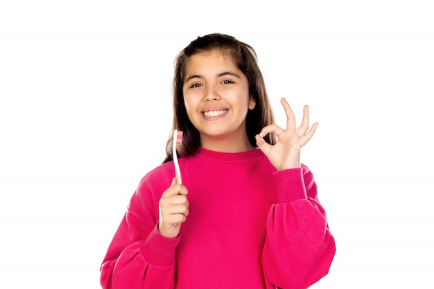 Preteen meisje met roze sweatshirt