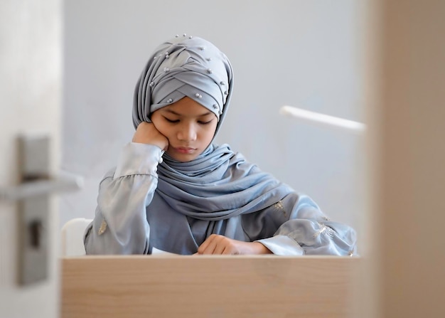 Foto preteen bambino musulmano studia in aula. ritratto di studente musulmano in abito tradizionale con hijab