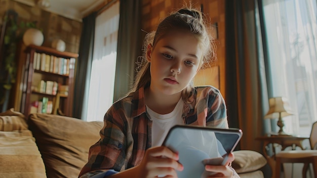 Photo preteen schoolgirl doing her homework with digital tablet at home child using gadgets to study education and distance learning for kids homeschooling during quarantine stay at home