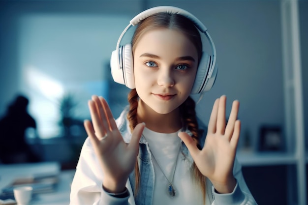 Preteen schoolgirl in headphones gesturing hands education for mute sign language generative ai