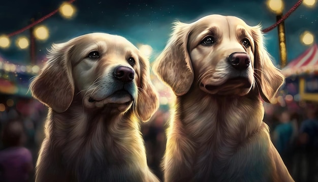 Prettiest two golden retriever dogs at the carnival generative AI