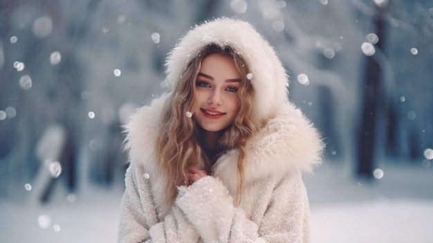 Prettige feestdagen Winterse levensstijl en mode een mooie vrouw in een witte pluizige jas en een bos bedekt met sneeuw dienen als achtergrond voor deze kerst- en nieuwjaarsfoto The Generative AI