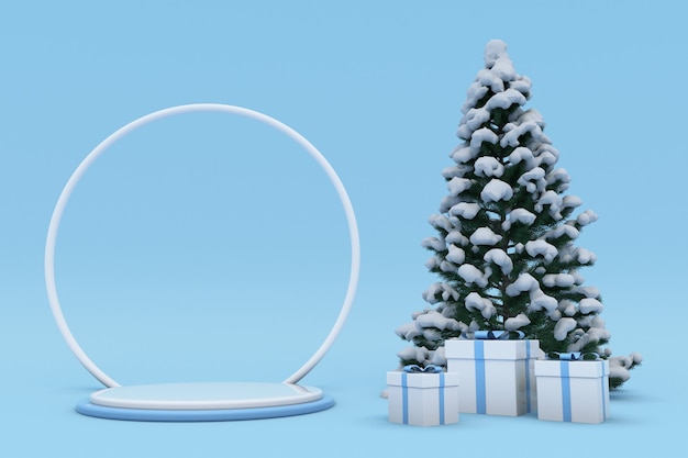 Prettige kerstdagen en gelukkig nieuwjaar 3D blauw design podium besneeuwde kerstboom geschenkdoos