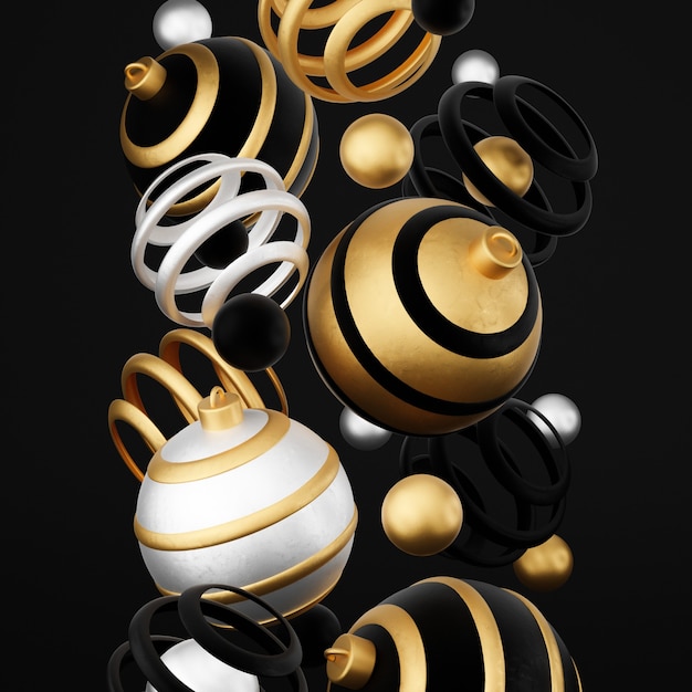 Prettige kerstdagen en gelukkig Nieuwjaar 3d render illustratie kaart met sierlijke gouden, zwarte en zilveren kerstballen en decoratie. Winterdecoratie, minimalistisch design