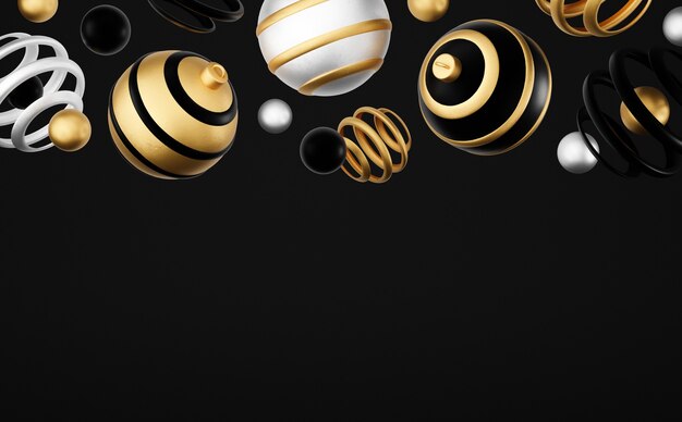 Prettige kerstdagen en gelukkig nieuwjaar 3d render illustratie kaart met sierlijke gouden, zwarte en zilveren kerstballen en decoratie. winterdecoratie, minimalistisch design