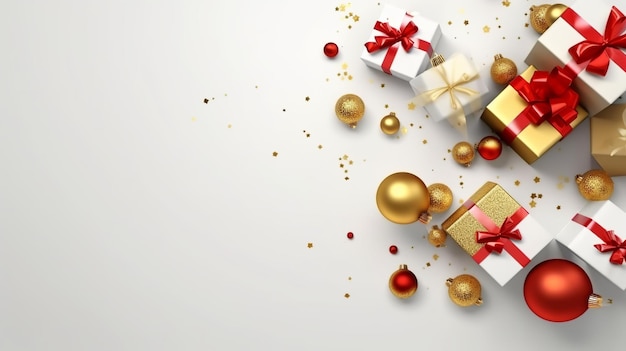 Prettige Kerstdagen en Gelukkig Nieuwjaar Achtergrond met realistische feestelijke geschenken box Generative Ai