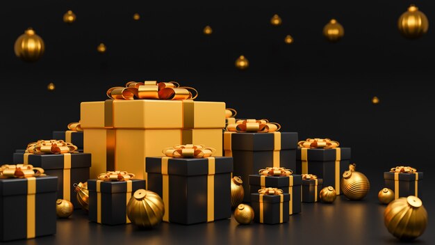 Prettige kerstdagen en gelukkig Nieuwjaar banner luxe stijl., Realistische gouden en zwarte geschenkdoos met gouden kerstballen