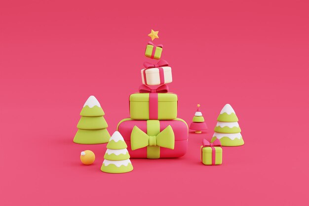 Prettige kerstdagen en gelukkig nieuwjaar, geschenkdoos omringd door dennenboom, minimaal 3D-ontwerp Xmas Decorations.3d render illustratie.