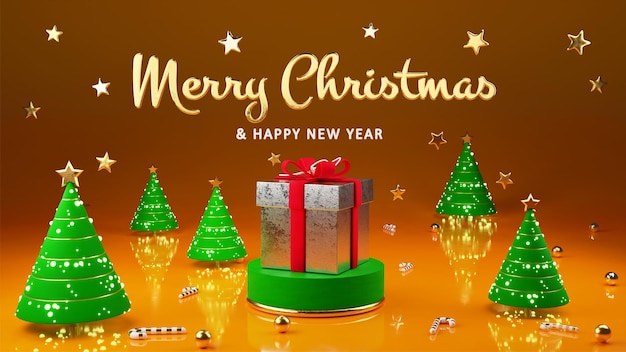 Foto prettige kerstdagen en gelukkig nieuwjaar realistische oranje 3d-ontwerp kerst groene kerstbomen