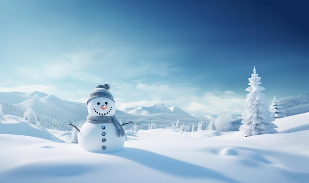 Prettige kerstdagen en gelukkig nieuwjaar wenskaart met copyspaceGelukkige sneeuwpop die zich in de winter bevindt