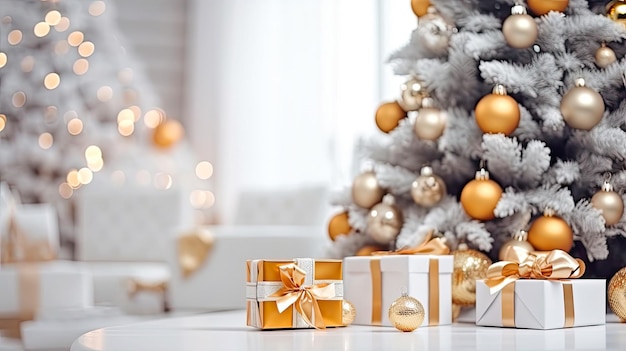 Prettige kerstdagen en gelukkig nieuwjaarskaart versierd met bokeh-geschenken onder de kopieerruimte van de vakantieboom