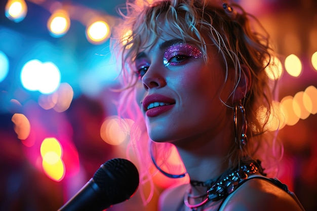 Фото Симпатичная 25-летняя блондинка в костюме певца 1980-х годов.
