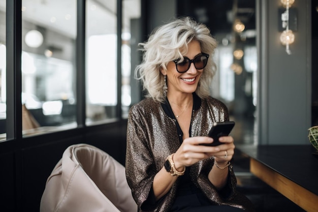 A pretty adult mature businesswoman sitting with mobile phone and smiling Success person concept